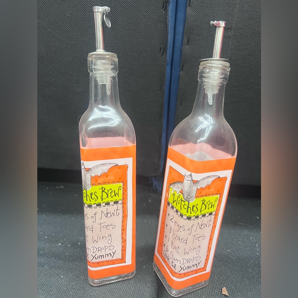 2 Witches Brew Orange Glass oil or liquor bottles a pouring spout